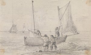 Skitse af en gruppe, der forbereder sejlene nær kysten, Hastings af Capt. Thomas Hastings