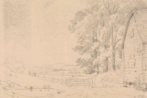 Skitse af en stråtækt bygning og en flod hinsides af Capt. Thomas Hastings