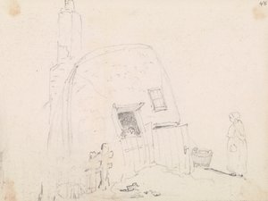 Skitse af en kvinde nær et sommerhus af Capt. Thomas Hastings
