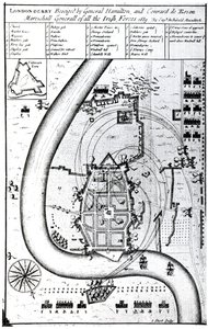Londonderry Belejret af General Hamilton og Conrad de Rosen, indgraveret af J. Sturt, 1689 af Captain Archibald Maculloch