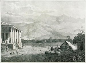 The Seremoogy, eller Streemoogy, Pass, Neelgherry Mountains, plade 1 fra View of the Neilgherries, eller Blue Mountains of Coimbetoor, Southern India af kaptajn McCurdy, udgivet 1830 af Captain E. A. after McCurdy
