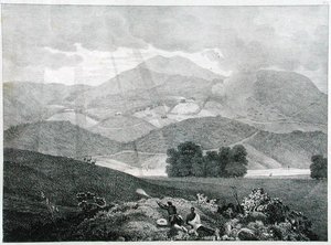 Udsigt over en del af søen og hytterne ved Ottacamund, Neelgherry Mountains, plade 3 fra View of the Neilgherries, eller Blue Mountains of Coimbetoor, Southern India af kaptajn McCurdy, udgivet 1830 (li af Captain E. A. after McCurdy