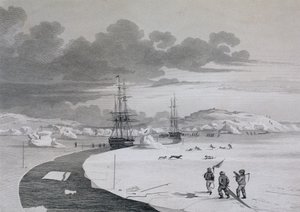 Indsejlingen til Winter Island, oktober 1821, fra Journal of a Second Voyage for the Discovery of a North West Passage from the Atlantic to the Pacific udført i årene 1821-22-23, af William Edwar