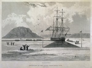 Bådenes afgang fra Hecla Cove, 21. juni 1827, fra Journal of a Third Voyage for the Discovery of a North West Passage from the Atlantic to the Pacific udført i årene 1824-25 i H.M.s af Captain George Francis Lyon