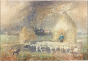 Stormen, hyrden i ly ved en høstak (akvarel på papir (klistret på kort)) af Captain William Brock