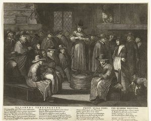 Tegneserie af de engelske kvækere, ca. 1656 Quaaker Meeting / Fronti Nulla Fides / The Quakers Meeting (titel på objekt)