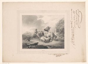 Landmand med sine dyr på flugt fra en orkan The Hurricane (titel på objekt) af Carel Christiaan Antony Last