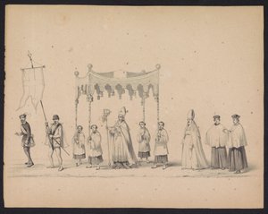 Masquerade of the Utrecht Students, 1846 (Tavle 10) Afbildning af den udklædte procession, der forestiller Filip II, Prins af Spaniens procession i Utrecht, 3. oktober 1549, afholdt 17. juni 1846 af H.H. Studerende fra Utrechtsche af Carel Christiaan Antony Last
