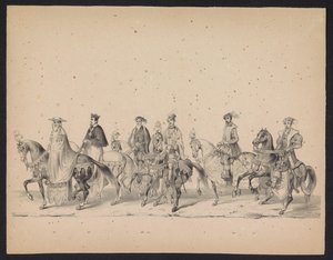 Masquerade of the Utrecht Students, 1846 (Tavle 16) Afbildning af den udklædte procession, der forestiller Filip II, Prins af Spaniens procession i Utrecht, 3. oktober 1549, afholdt 17. juni 1846 af H.H. Studerende fra Utrechtsche af Carel Christiaan Antony Last