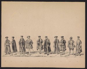 Masquerade of the Utrecht Students, 1846 (plade 19) Afbildning af den udklædte procession, der forestiller Filip II, Prins af Spaniens procession i Utrecht, 3. oktober 1549, afholdt 17. juni 1846 af H.H. Studerende fra Utrechtsche af Carel Christiaan Antony Last