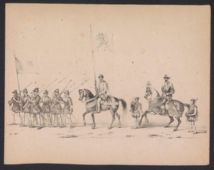 Masquerade of the Utrecht Students, 1846 (Tavle 2) Afbildning af den udklædte procession, der forestiller Filip II, Prins af Spaniens procession i Utrecht, 3. oktober 1549, afholdt 17. juni 1846 af H.H. Studerende fra Utrechtsche af Carel Christiaan Antony Last