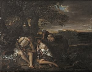 Et sovende par, opdaget af tre kvinder i et arkadisk landskab (olie på panel) af Carel De Moor II (attr. to)