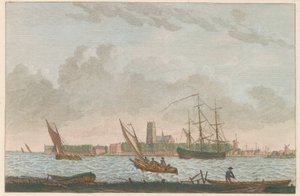 Dordrecht fra Merwede, ca. 1790 Dordrecht van de Merwe udstillet / La ville Dordrecht - prize du coté dela riviere dite la Merwe (titel på objekt)
