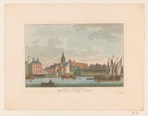 Udsigt over kirken i East Zaandam Kirke i East Zaandam / Arrivement de la Barge à Sardam (titel på objekt) af Carel Frederik Bendorp (I)