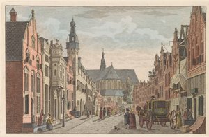 Langestraat i Alkmaar, ca. 1790 Langestraat, Rådhuset og Grote Kerk i Alkmaar / Rue longue - Hotel de Ville - et grande Eglise à Alkmaar (titel på objektet)