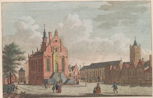 Marked og rådhus i Schiedam, ca. 1790 Markedet og rådhuset i Schiedam / Marché et hotel de ville à Schiedam (titel på objektet) af Carel Frederik Bendorp (I)
