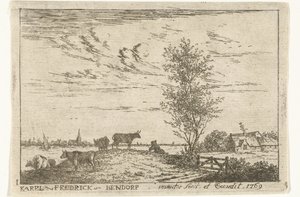 Titelprint med flodlandskab med køer Landskaber (serietitel) af Carel Frederik Bendorp (I)