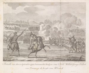 Prins Frederik er såret i Wervik, 1793 Bataille af 13. september 1793, foruden at såre H.D.H. Willem George Fredrik af Orange, på forkant med Werwick (titel på objekt) af Carel Jacob de Huyser