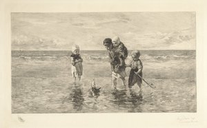 Fire børn leger med en legetøjsbåd på stranden i lavt havvand Havets børn af Carel Lodewijk Dake