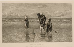 Fire børn leger med en legetøjsbåd på stranden i lavt havvand Havets børn Enfants de la mer (titel på objekt) af Carel Lodewijk Dake