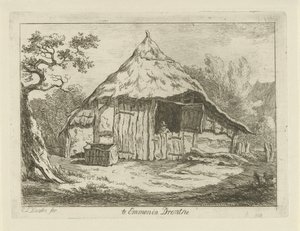Stuehus med åben overdør Te Emmen i Drenthe (titel på objekt) Landskaber (1-6) (serietitel) af Carel Lodewijk Hansen