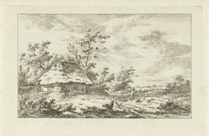 Mand med en rive ved en lade Landskaber (A-F) (serietitel) af Carel Lodewijk Hansen