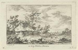 Mand med en rive ved en lade For høj Haale i Drenthe (titel på objekt) Landskaber (A-F) (serietitel) af Carel Lodewijk Hansen