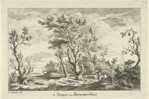 Rejsende i et Landskab I Bergen i Kennemerland (titel på objekt) Landskaber (A-F) (serietitel) af Carel Lodewijk Hansen