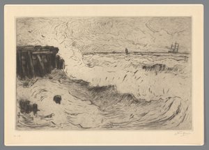 Vildt hav med et sejlskib ved en mole af Carel Nicolaas Storm van 