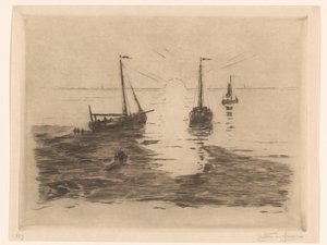 Havlandskab med sejlbåde og nedgående sol Solnedgang (titel på objekt)