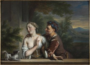 En mand, der prøver at omfavne en kvinde, af Carel (Charles) de Moor (1656-1738). Olie på lærred. Størrelse: 33,5x47cm. Nationalmuseum Stockholm