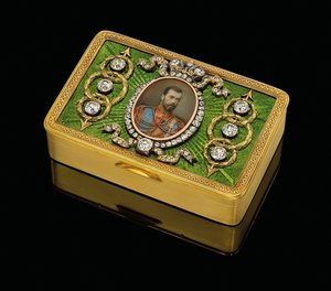 En kejserlig præsentation snusdåse med en akvarel på elfenben miniature af kejser Nicholas II, ca. 1890 (guld og guillochemalje, akvarel på elfenben)