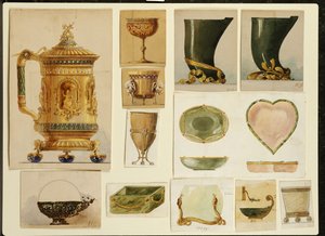 Udvalg af designs, House of Carl Faberge (blyant og akvarel forhøjet med hvid og guld på kort)