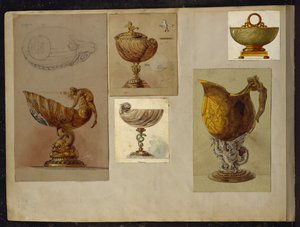 Udvalg af designs, House of Carl Faberge (blyant og akvarel forhøjet med hvid og guld på kort)