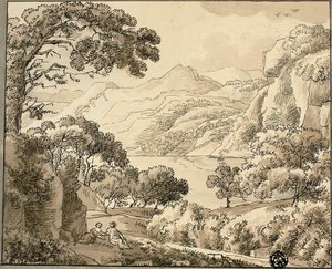 Bjergsø med to figurer af Carl August Lebschee