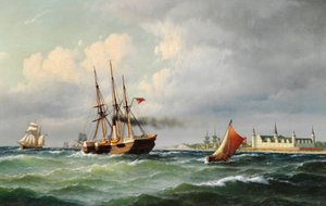 Danish: Marinemaleri på Kronborg med talrige skibe og en pilot båd Seascape off Kronborg with numerous ships and a pilot boat af Carl Bille