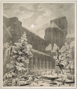 Kirke og kirkegård i sneen ved måneskin af Carl Blechen