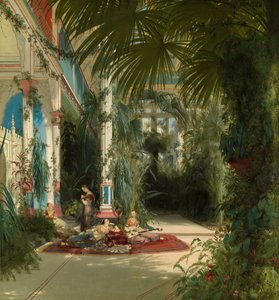 Tysk: Das Innere des Palmenhauses auf der Pfaueninsel bei Potsdam Det indre af palmehuset på Pfaueninsel nær Potsdam af Carl Blechen