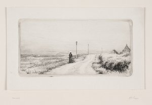 Landevej med spadserende dame. Solskinseftermiddag af Carl Bloch