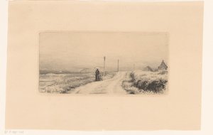 Landevej med gående dame og barn af Carl Bloch