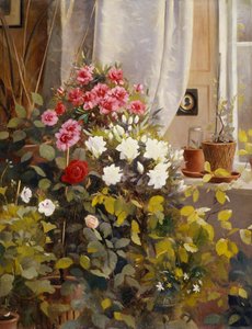 Azaleaer, pelargonier, roser og andre potteplanter ved et vindue af Carl Christian Carlsen