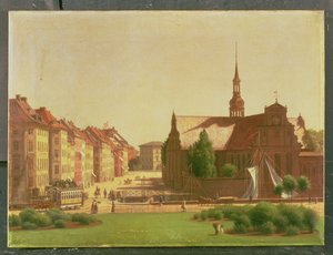 Slotspladsen og Holmens Kirke, fra et vindue på Christiansborg Slot, i København, 1866 af Carl Christian Constantin Hansen