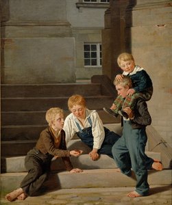 Unge drenge spiller terninger foran Christiansborg Slot, København, 1834 af Carl Christian Constantin Hansen