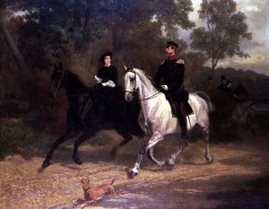 En dame og en officer, muligvis kronprins og prinsesse af Preussen, rider i en park
