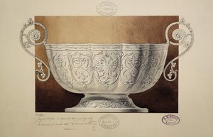 Design af en skål dekoreret med den dobbelthovedede ørn. Serien Storprinsesse Marias medgift