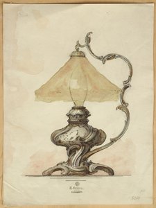 Tegning af en sølvbordslampe med en snoet riflet krop i rokokostil, House of Carl Faberge af Carl Fabergé