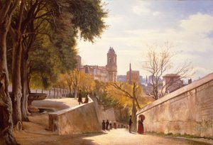 Udsigt over Viale Trinità dei Monti med Villa Medicis springvand, set fra Via di San Sebastianello, Rom