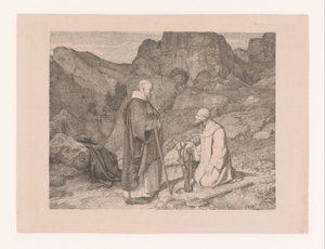 To munke ved et beskåret træ i et bjerglandskab af Carl Friedrich Lessing