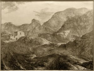 Bjerglandskab, til venstre et hus med en vandrer foran det af Carl Friedrich von Rumohr