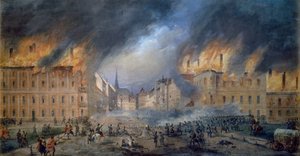 Slaget ved Sternbarrikade i Jagerzeile den 28. oktober 1848, revolution i Wien, brand i byen, maleri af Carl Goebel (1824-1899), Østrig
